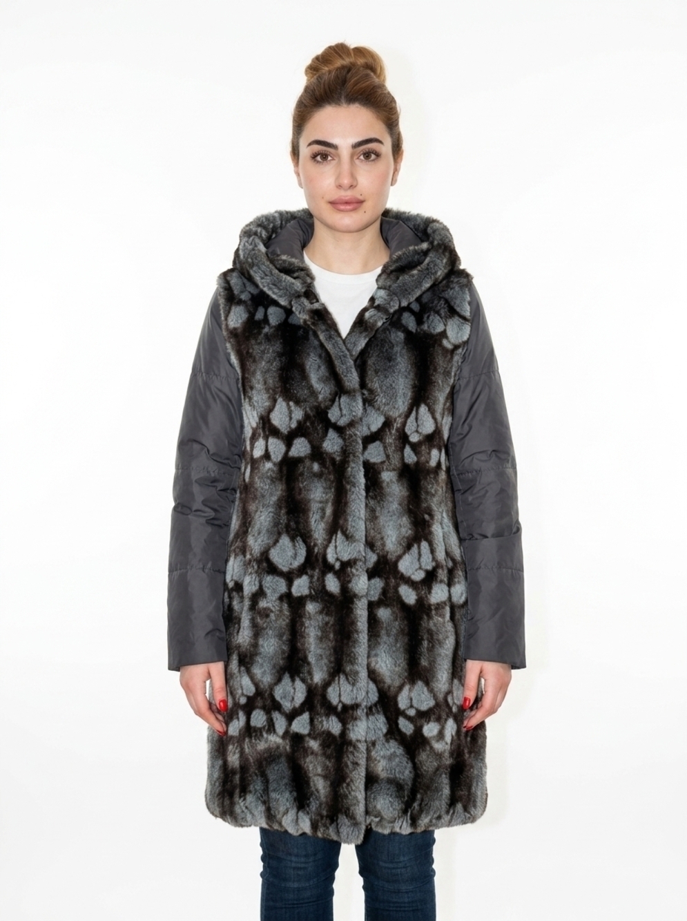 CREENSTONE FAUX FUR HOODED PUFFER COAT BLACK GREY WOMAN MEDIUM